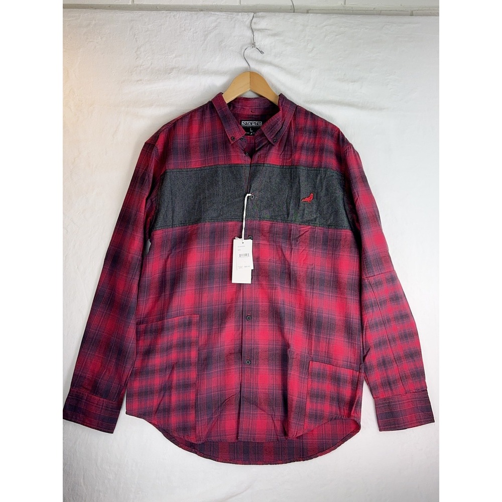 Staple Shirt Mens Large Red Plaid Button Up Pigeon Flannel Colorblock Casual